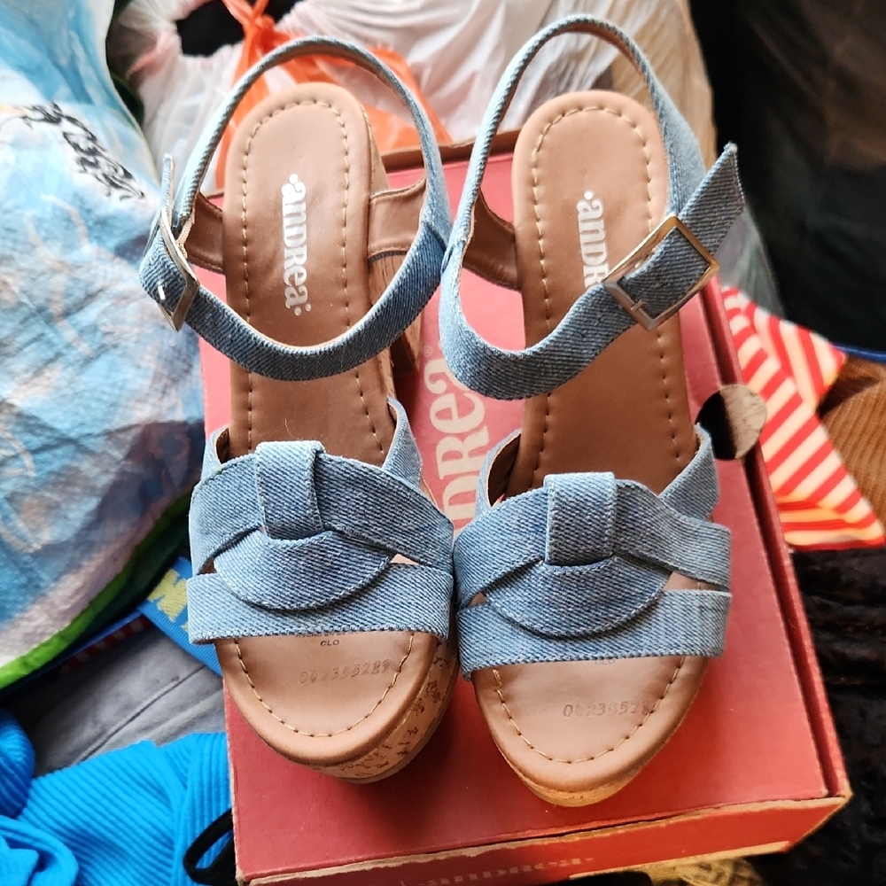 ANDREA FENZI Light Blue Denim Wedge Sandals